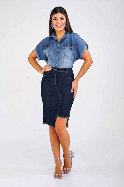 saia jeans recorte frontal barra desfiada imperio z frente corpo