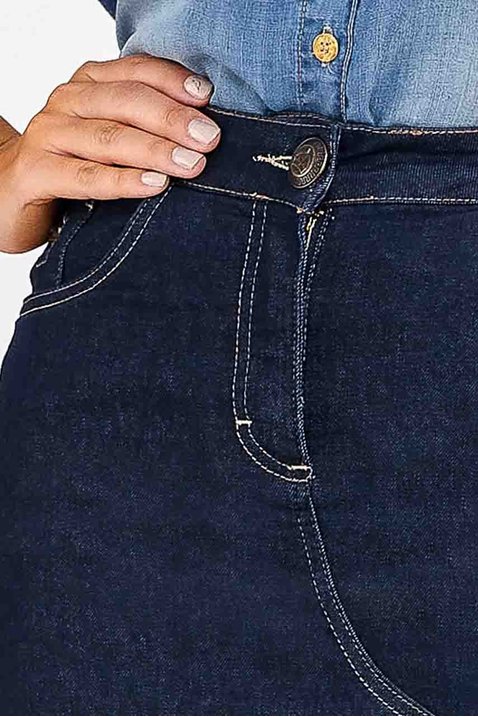 saia jeans recorte frontal barra desfiada imperio z frente detalhe