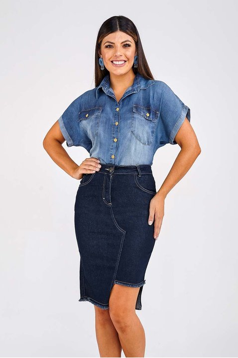 saia jeans recorte frontal barra desfiada imperio z frente inteira