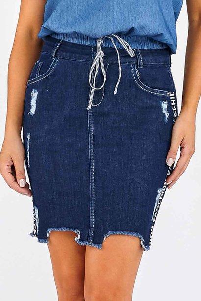 saia jeans marinho recortes assimetricos e galao lateral imperio z frente