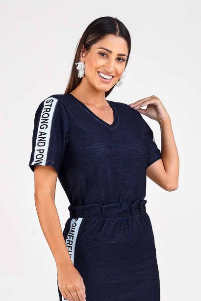 blusa azul marinho em malha denim silk screen imperio z frente