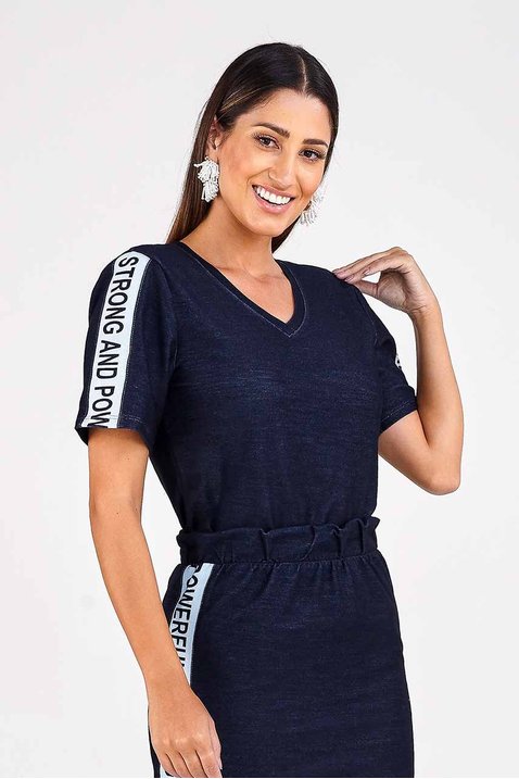 blusa azul marinho em malha denim silk screen imperio z frente