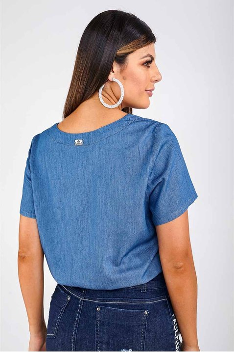 blusa feminina jeans detalhe de amarracao imperio z costas