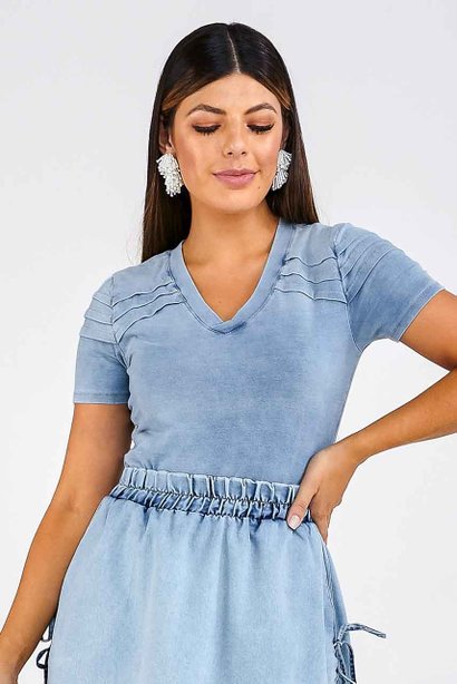 blusa denim com detalhe de pregas imperio z frente