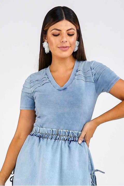 blusa denim com detalhe de pregas imperio z frente