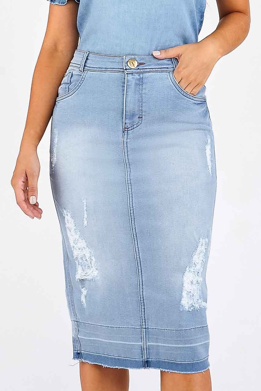 Fashion saia jeans midi justa