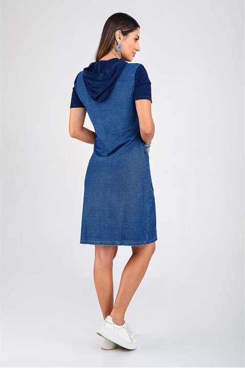 vestido evase malha denim com capuz imperio z costas