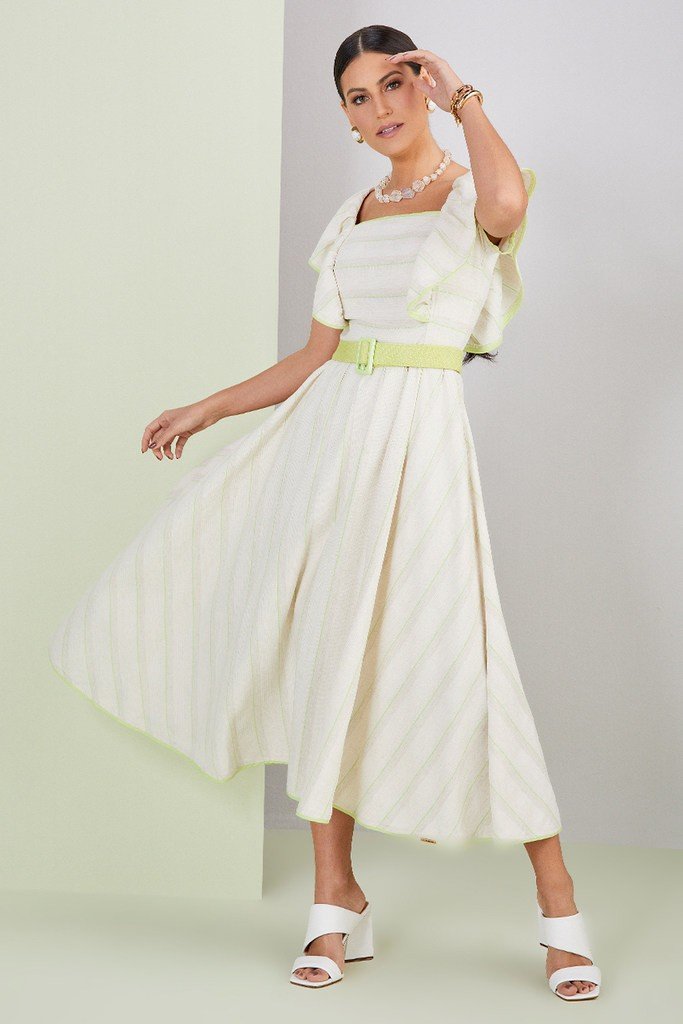 Vestido Glam Cru Estampado Godê Decote Quadrado Titanium