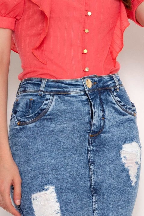 Saia Jeans Sustentável Clássica Com Fusionados Laura Rosa
