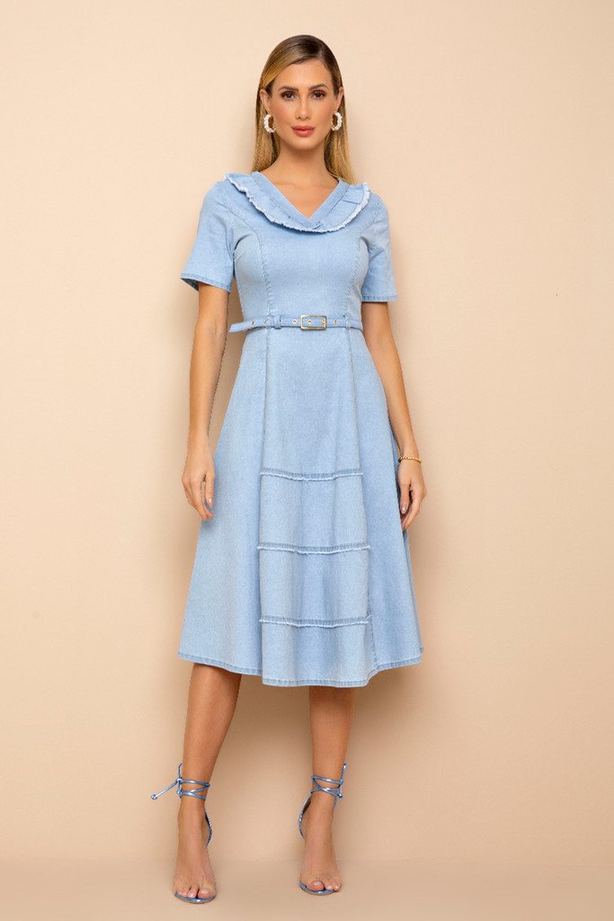 Vestido Jeans Godê Detalhes Desfiados Laura Rosa