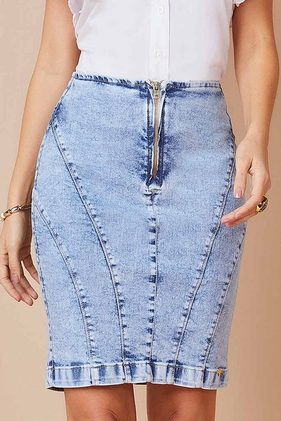 Saia Jeans Sustentável Lápis Recortes Frontal Titanium Jeans