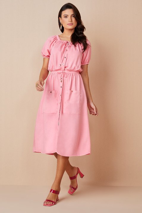 vestido evase rosa com bolsos frontais 2