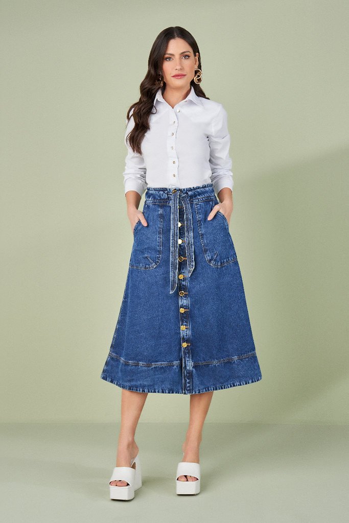 Saia Jeans Midi Evasê Com Faixa Titanium Jeans