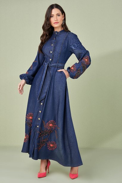 Vestido Longo Tecido Jeans Com Barrado Bordado Calça Jeans Vestido
