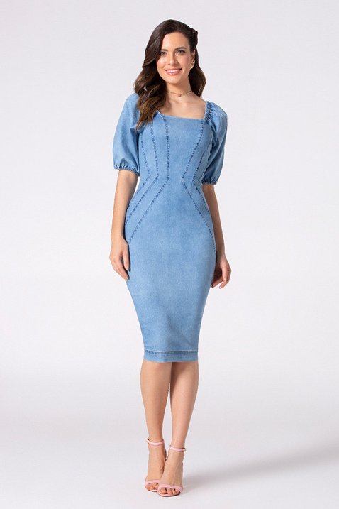 Vestido Jeans Mangas Bufantes Tubinho Laura Rosa