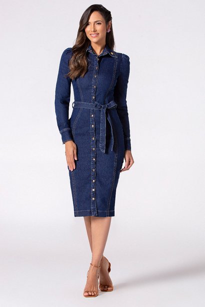 Vestido Jeans Tubinho Com Faixa Laura Rosa