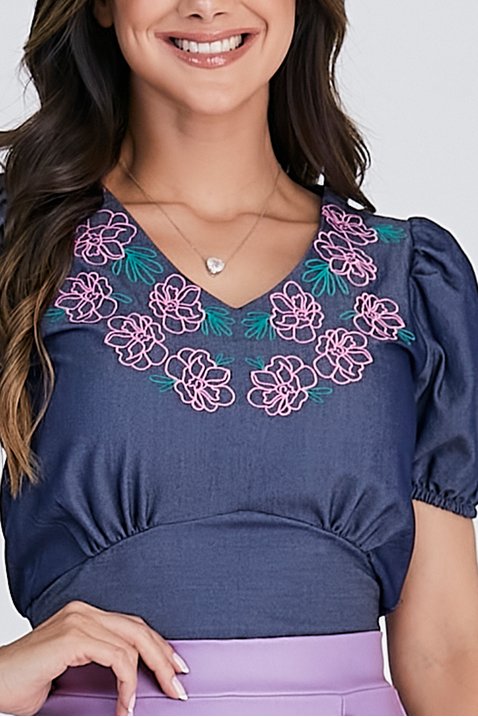 blusa azul escuro denim bordada 5