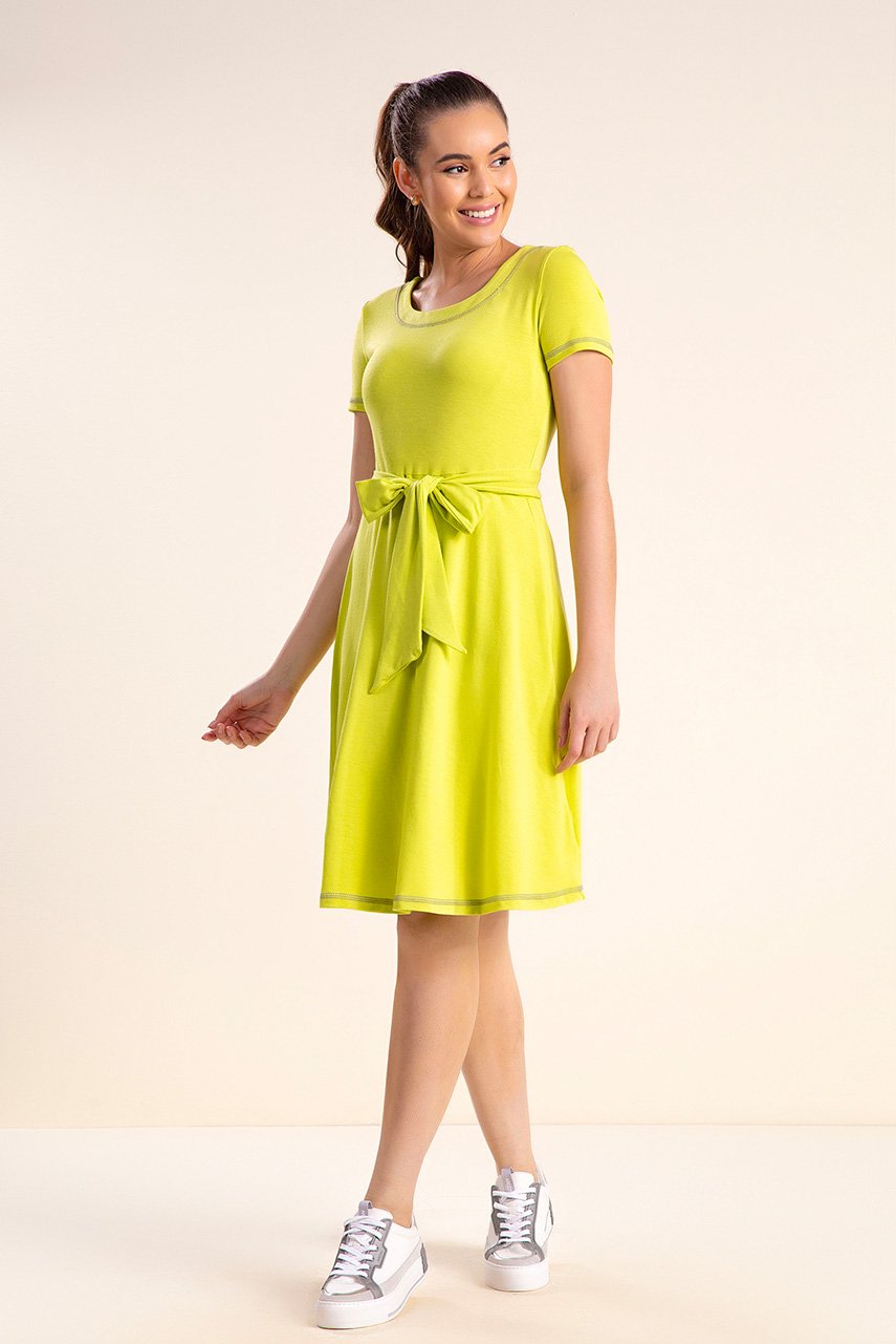 Vestido Amarelo Cítrico Godê Malha Com Faixa Laura Rosa Jeans