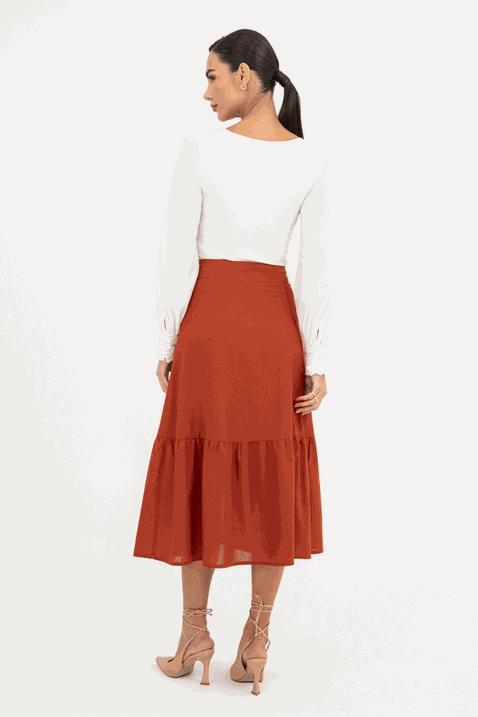 Saia Em Linho Com Babados E Botões Frontal Via Tolentino