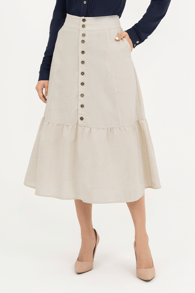 Saia Cru Em Linho Com Babados E Botões Frontal Via Tolentino