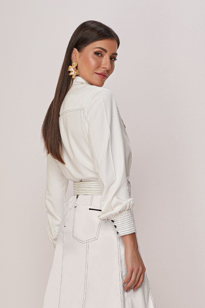 Camisa Viscose Off White Com Pespontos Preto Titanium Jeans