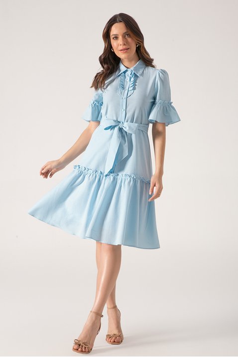 Vestido Azul Claro Evasê Tricoline Com Faixa Laura Rosa Jeans