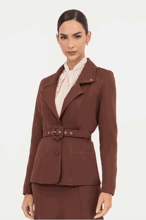 Blazer Marrom Em Alfaiataria Com Cinto Via Tolentino