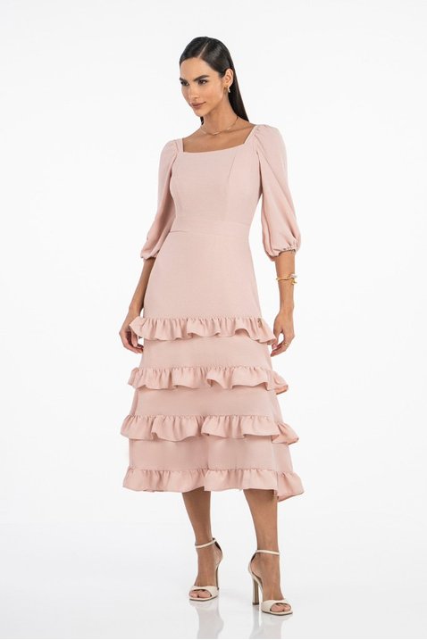 Vestido Rosa Crepe Com Babados Midi Via Tolentino