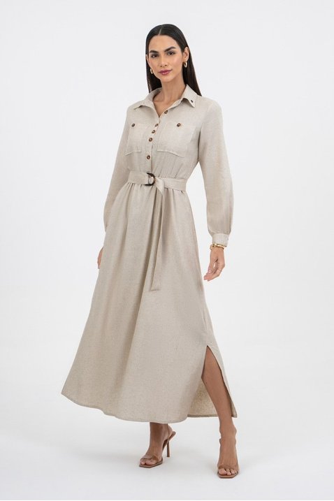 Vestido Cru Bolsos Frontal Linho Via Tolentino - Main Image