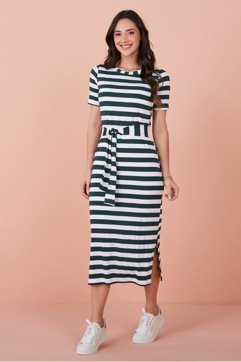 Hering Midi Listrado Vestido Canelado Hering Vestido Tubinho