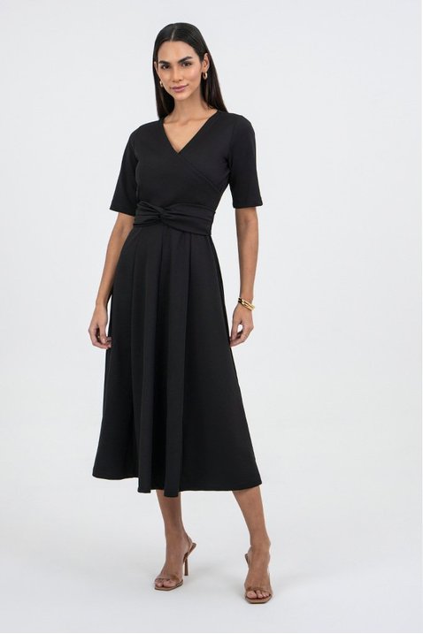 Vestido Preto Midi Em Malha Com Torção Na Cintura Via Tolentino - Main Image