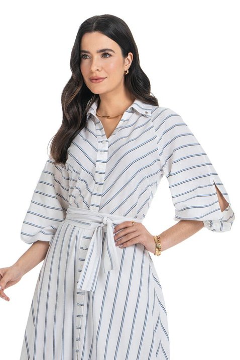 Vestido Azul Chemise Listrado Mangas Bufantes Via Tolentino