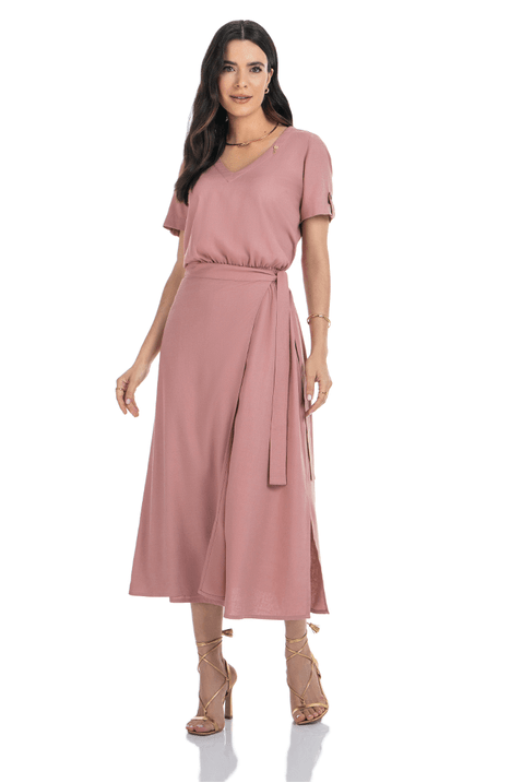 04 vestido rose midi evase com lastex na cintura via tolentino