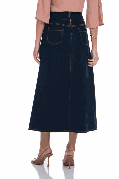 01 saia jeans evase cos largo com botoes frontal via tolentino