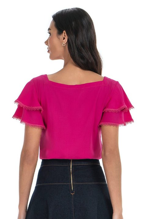 08 blusa pink feminina delicada com babado e renda via tolentino