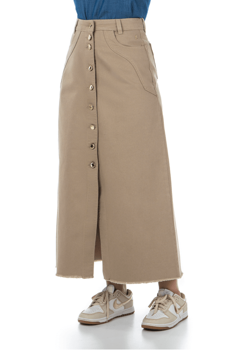 Saia Cáqui Midi Jeans Com Botões Frontal Via Tolentino