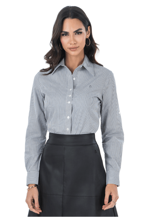 02 camisa feminina listrada preto em tricoline via tolentino