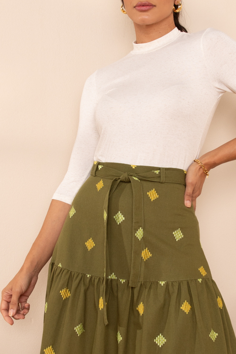 blusa de malha linho e saia de linho verde 10