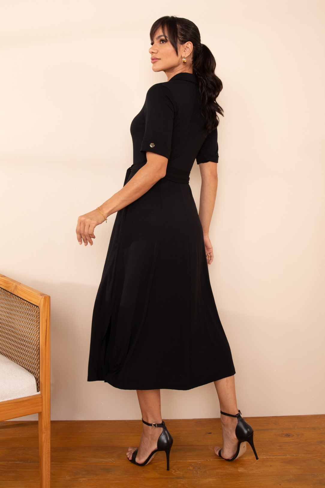 Vestido Chemise Midi Viscolycra Preto Valquiria Lekazis