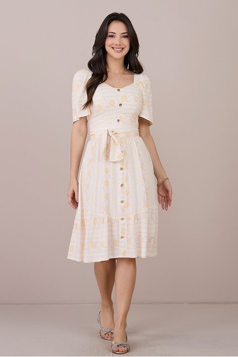 Vestido Bege Manga Curta com Decote Princesa Alda Tatá Martello