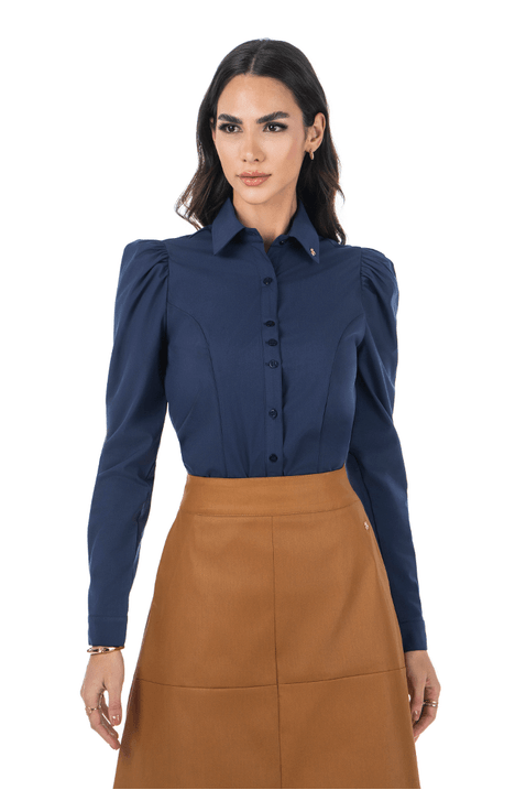 Camisa Azul Marinho Feminina Manga Longa Com Botões Resinados Via Tolentino