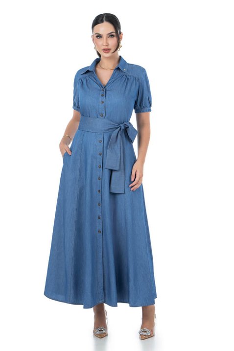 Vestido Chemise Jeans Longuete Godê Com Botões Via Tolentino