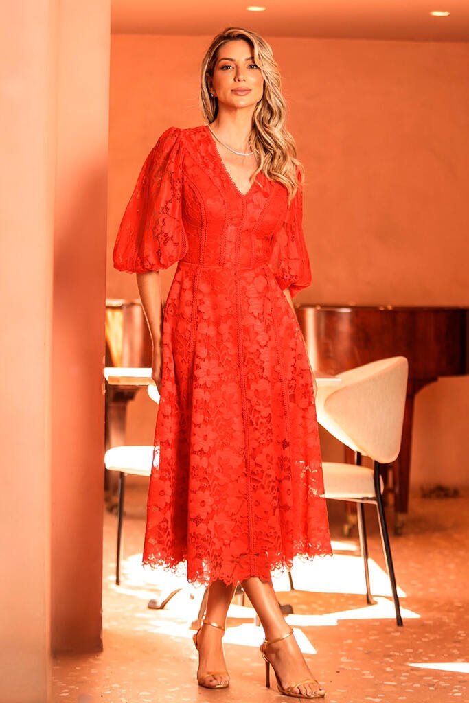 Dress Vestido De Renda Vermelho Midi Vestido Vermelho Vestido