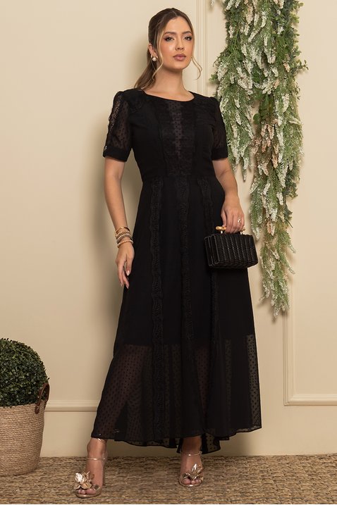 Vestido Preto Chiffon Maxi Midi Luciana Pais