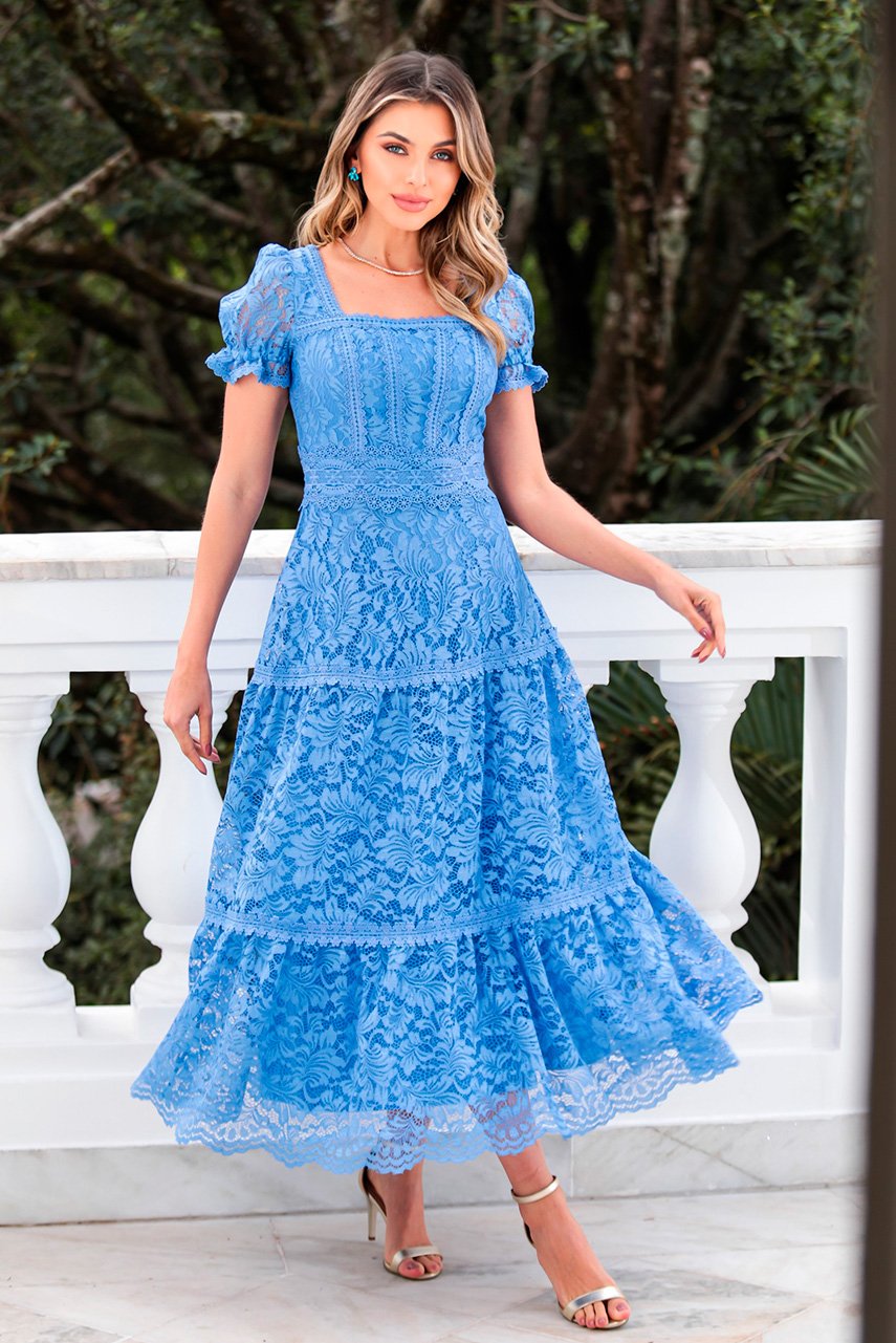 Azul Claro Vestido De Renda De AlgodÃ£o Vestido Midi De Renda Azul