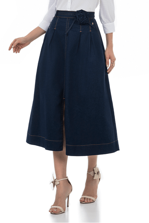 10 saia jeans midi com pregas com pregas via tolentino