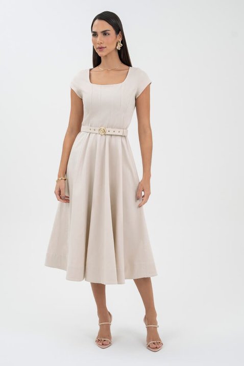 Vestido Bege Midi Godê Com Cinto Via Tolentino