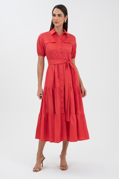 08 vestido vermelho chemise midi gode tricoline com recortes via tolentino