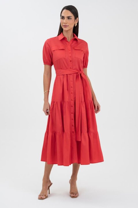 08 vestido vermelho chemise midi gode tricoline com recortes via tolentino