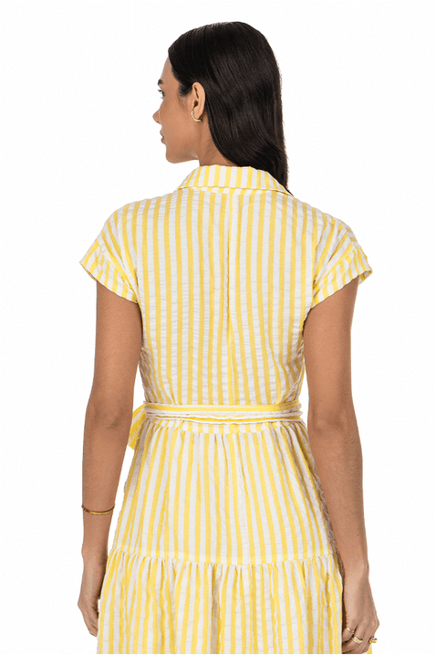 Vestido Chemise Amarelo Listrado Midi Com Recortes Via Tolentino